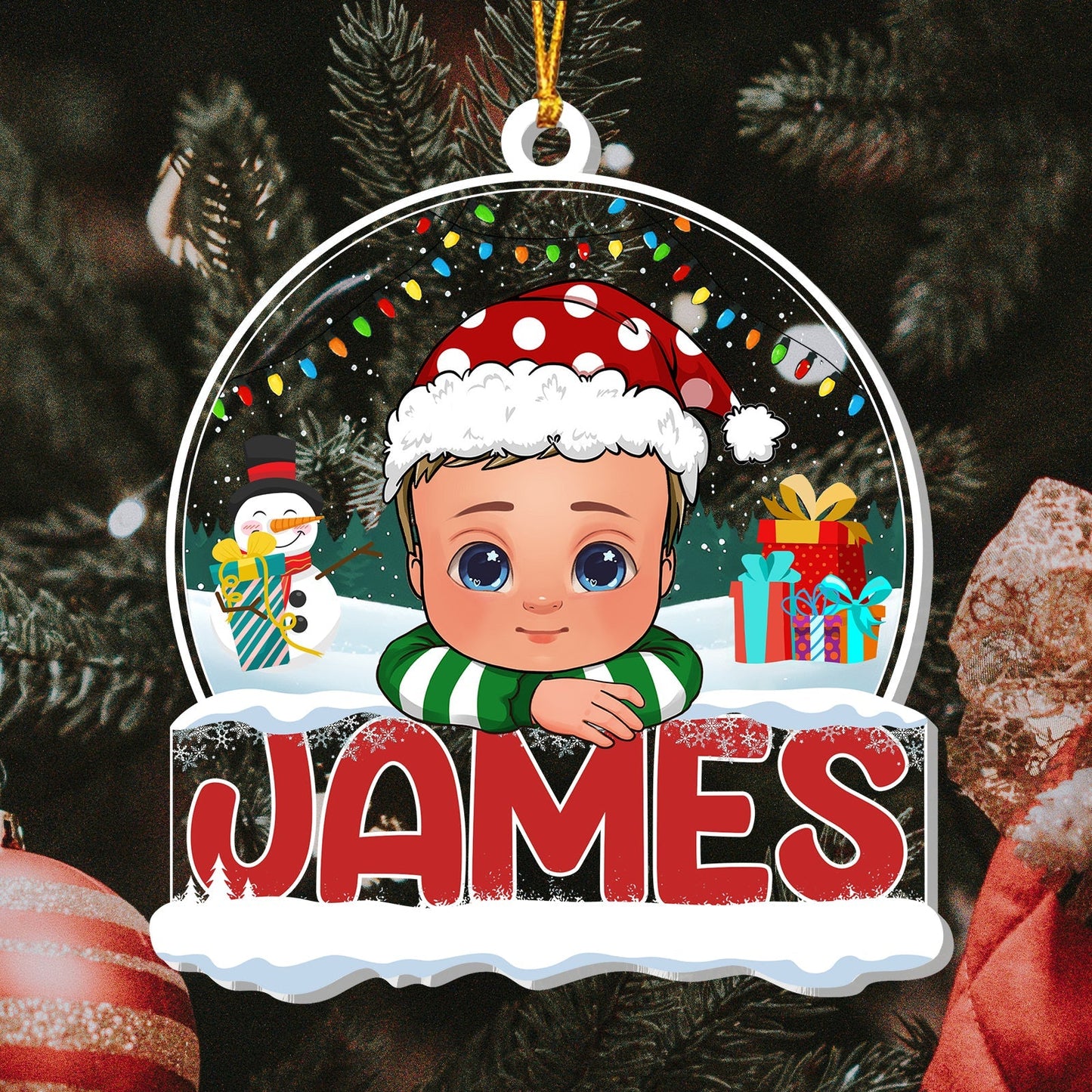 365Gifty personalized Christmas ornament for kids featuring a cute child with Santa hat and name James