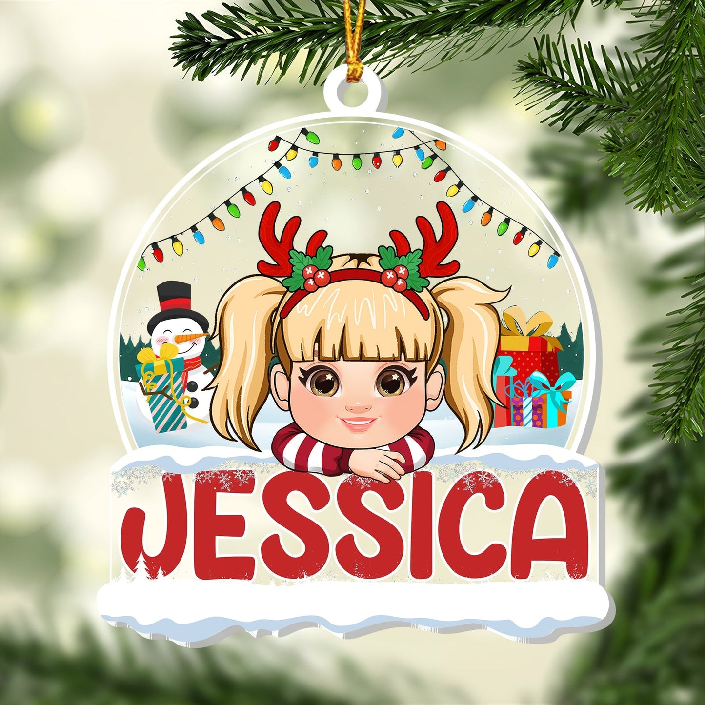 Personalized Christmas ornament for kids with girl wearing reindeer antlers and name Jessica