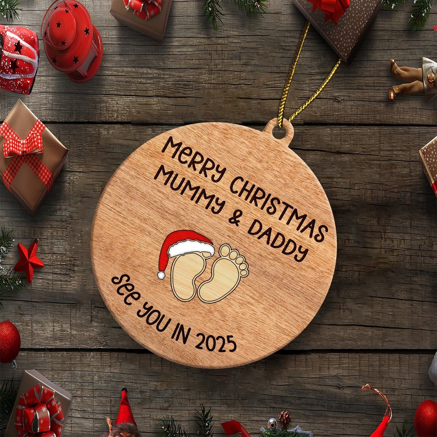 Personalized Christmas ornament for parents with baby footprints and Merry Christmas message