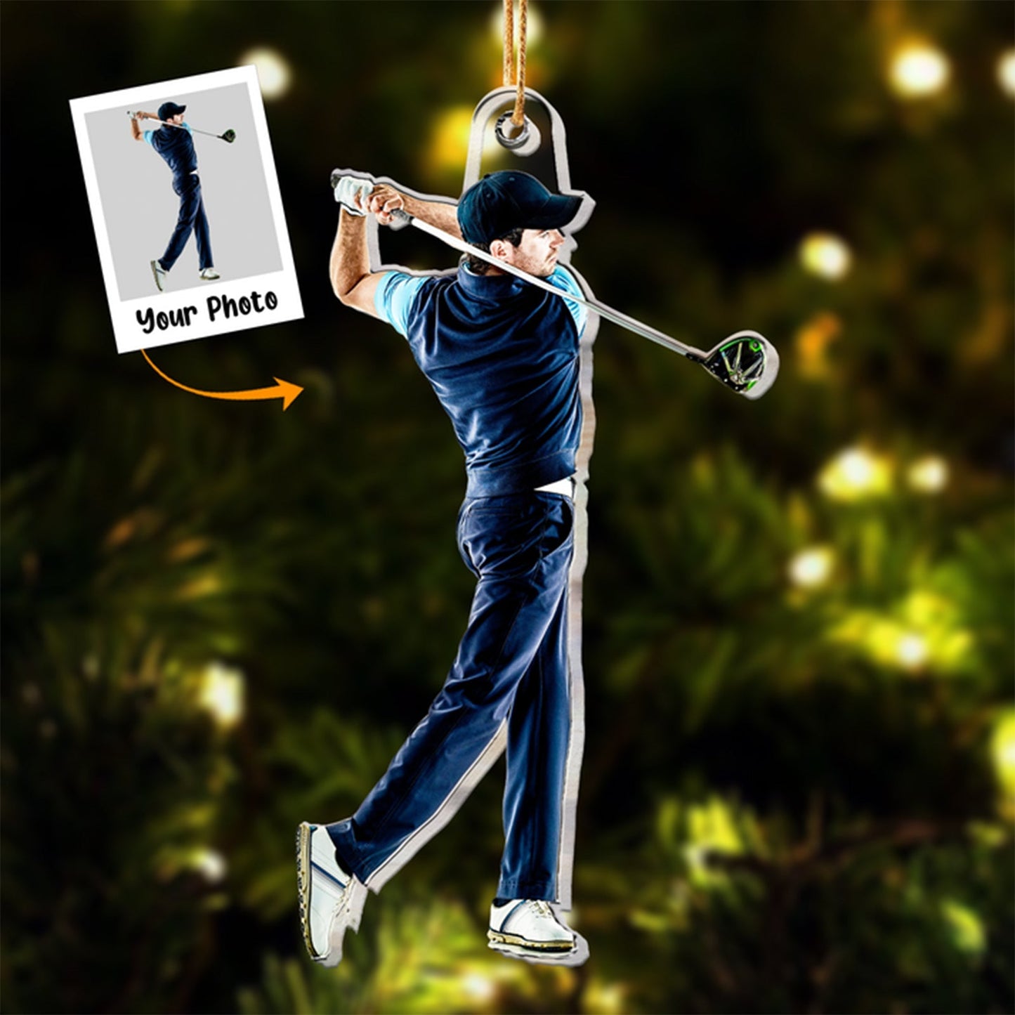 Personalized Christmas ornament featuring a custom golfer swing photo design by 365Gifty