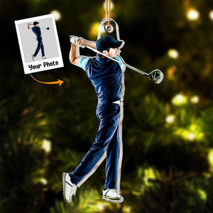 Personalized Christmas ornament featuring a custom golfer swing photo design by 365Gifty