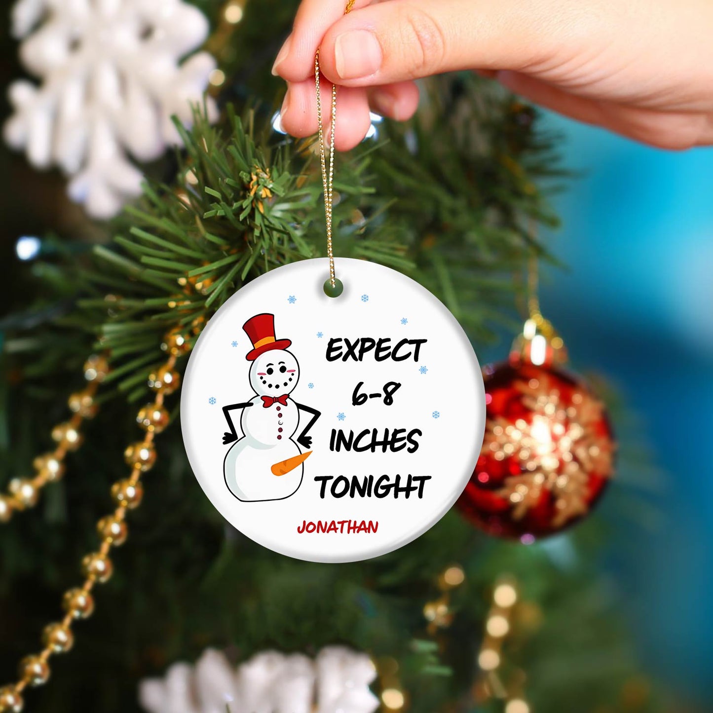 365Gifty personalized Christmas ornament with snowman and custom text hanging on Christmas tree