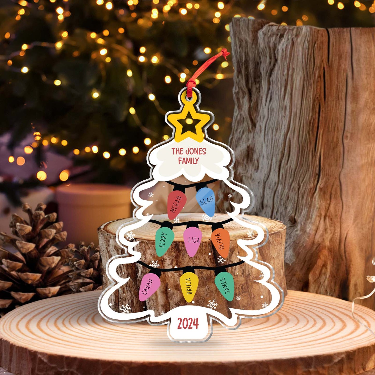 365Gifty personalized Christmas ornament shaped like a tree with colorful light bulbs and family names