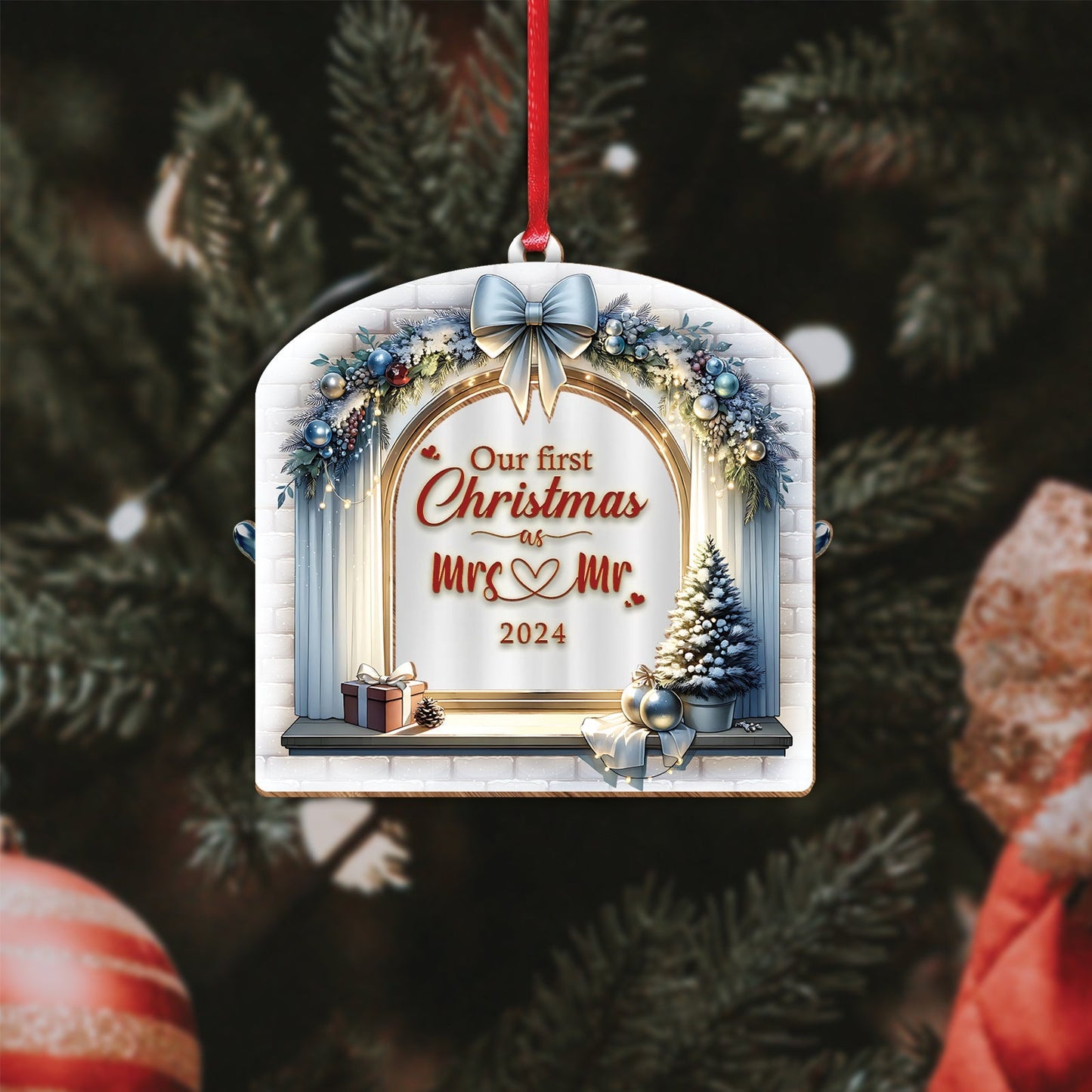 Personalized Christmas ornament with Our First Christmas as Mrs and Mr 2024 design hanging on tree