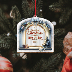 Personalized Christmas ornament with Our First Christmas as Mrs and Mr 2024 design hanging on tree