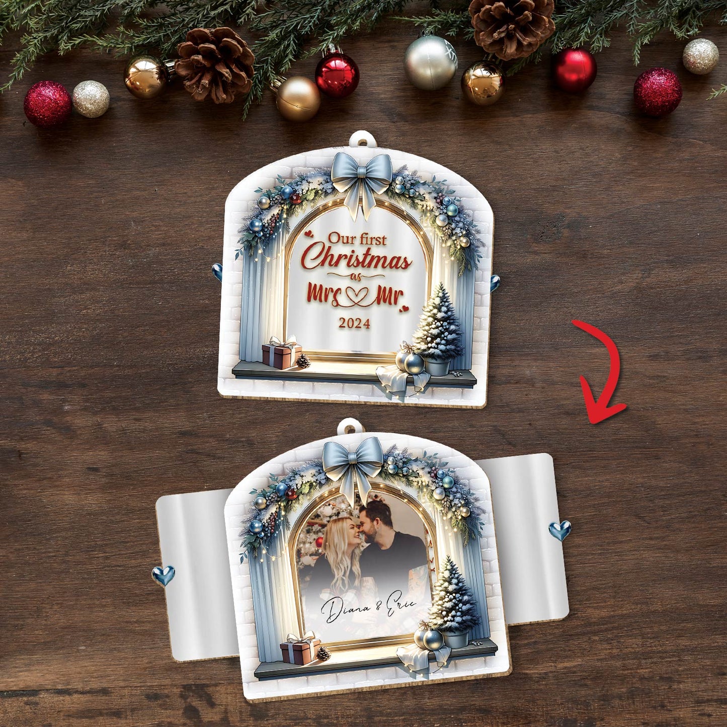 365Gifty personalized Christmas ornament with a customizable photo and Our First Christmas 2024 design