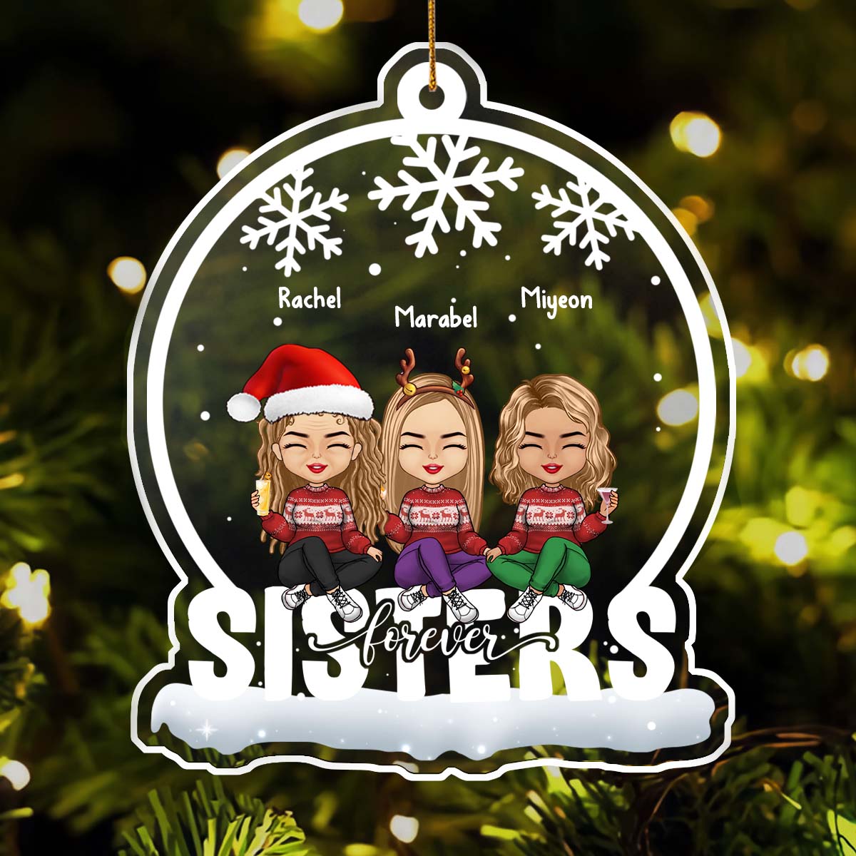 365Gifty personalized Christmas ornament featuring three sisters with names and festive sweaters