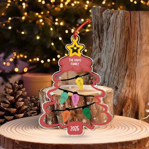 Personalized Christmas ornament shaped like a tree with names, perfect for family celebrations