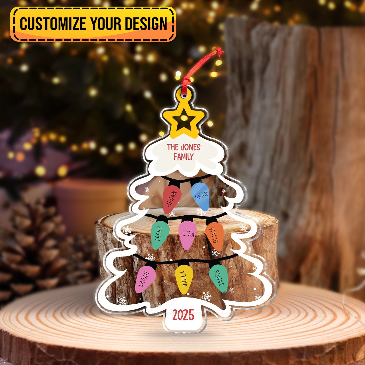 Personalized Christmas ornament shaped like a tree with family names and a star decoration