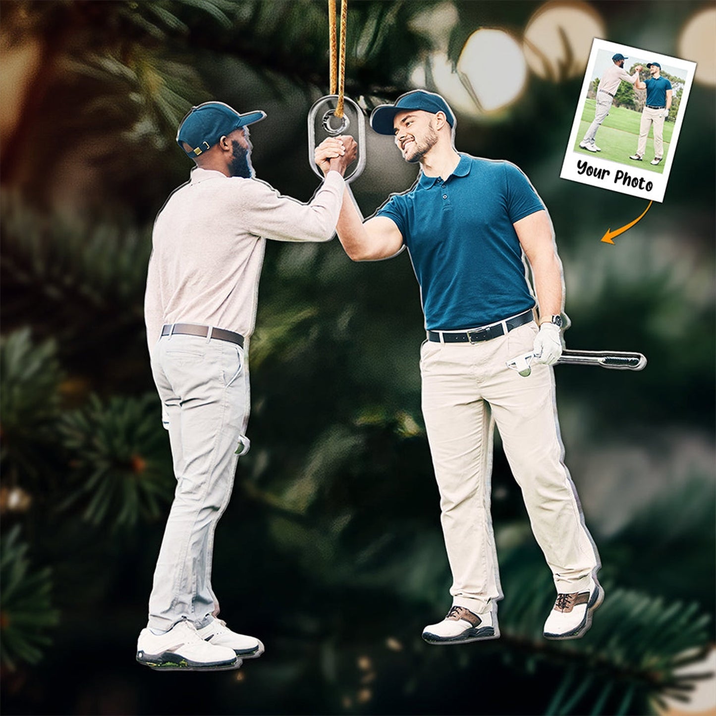 365Gifty personalized Christmas ornament featuring a custom photo of two men fist bumping while playing golf