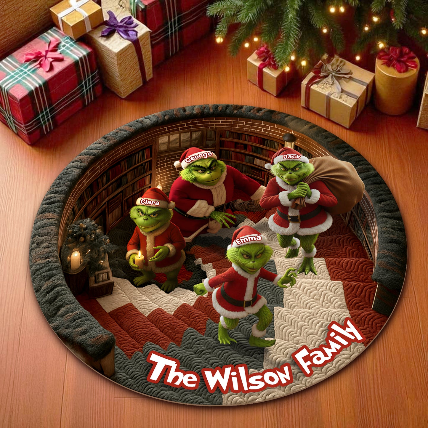 Personalized Christmas round mat featuring the Wilson Family dressed as Grinch characters in a festive setting