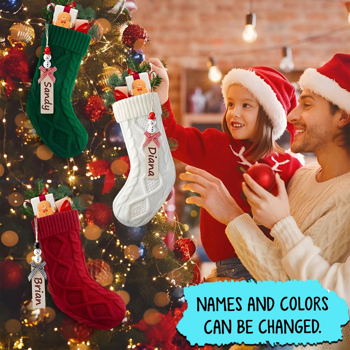 Personalized Christmas stockings in red, white, and green hanging on a tree with customizable names and colors by 365Gifty