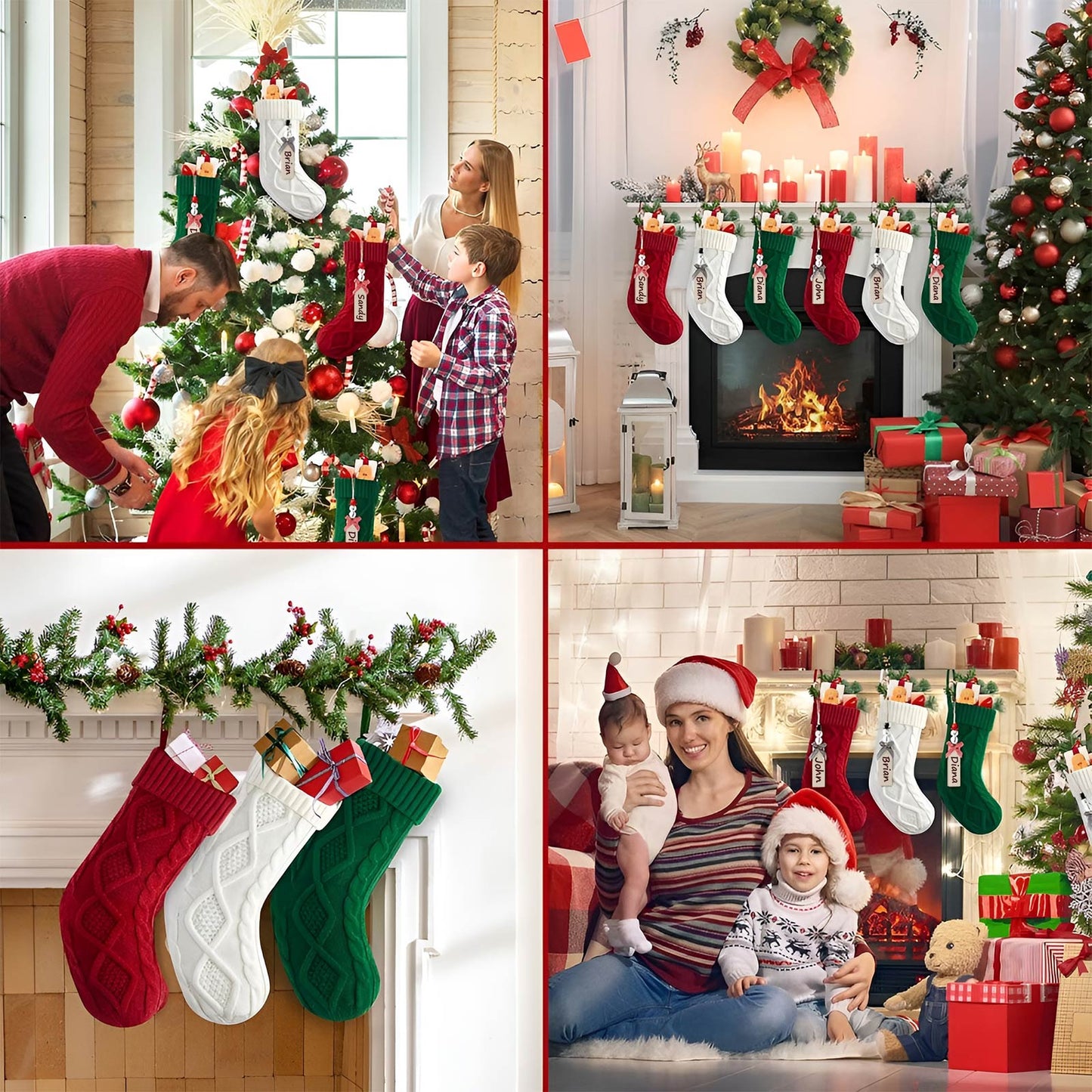Personalized Christmas stockings hanging on fireplace and decorated Christmas tree scenes by 365Gifty