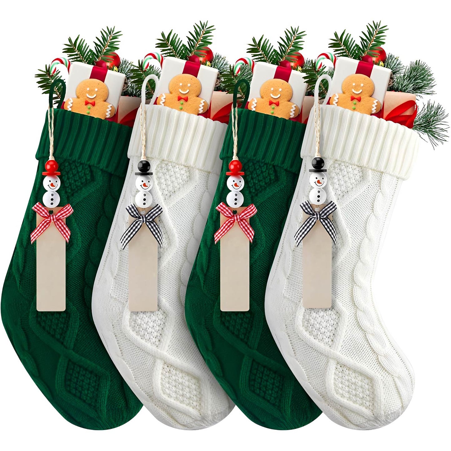 Set of four personalized Christmas stockings in green and white knit with snowman tags and festive holiday gifts