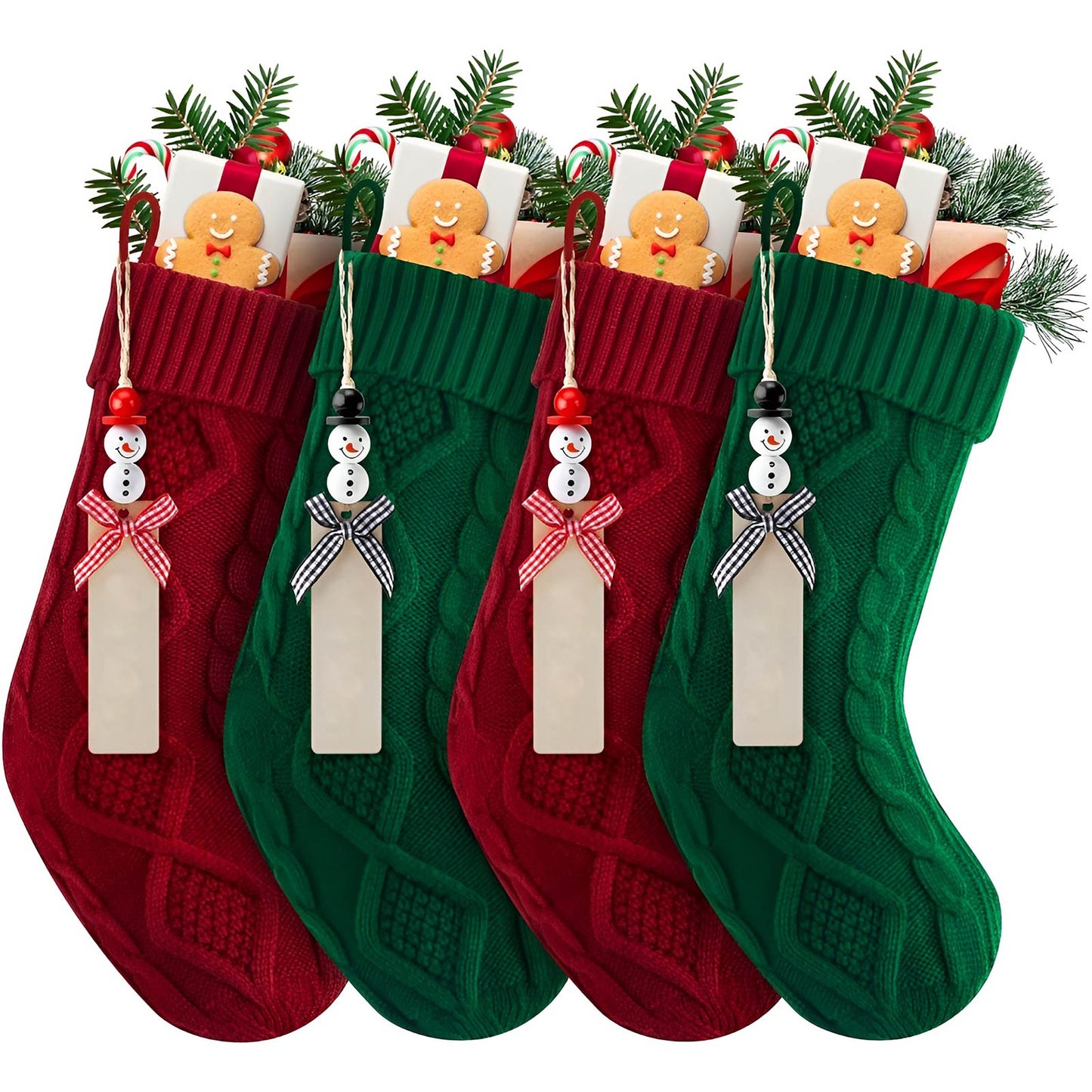 Four red and green personalized Christmas stockings filled with gifts and decorated with snowman tags