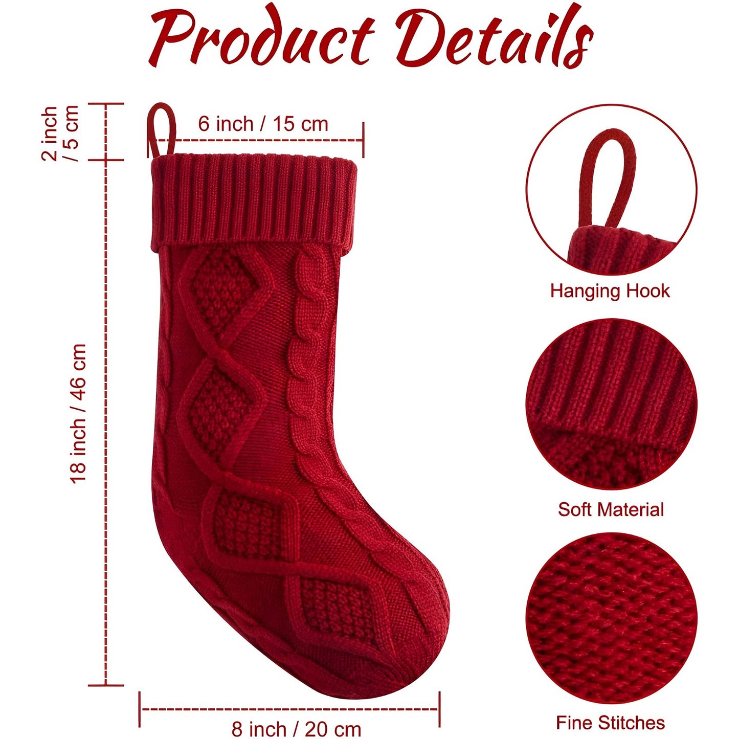 Red knitted personalized Christmas stockings with hanging hook soft material and fine stitches
