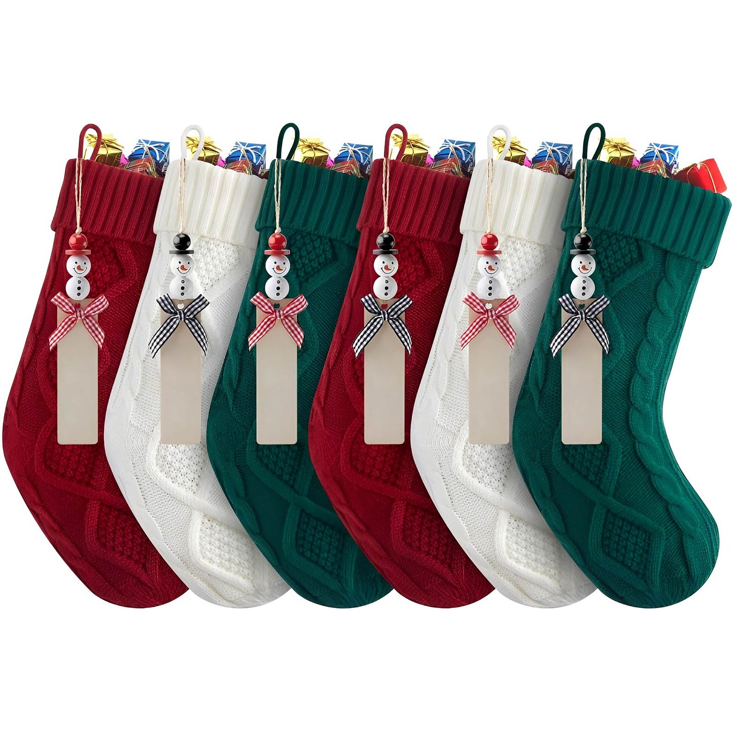 Set of red, white, and green personalized Christmas stockings with snowman tags and filled with gifts by 365Gifty