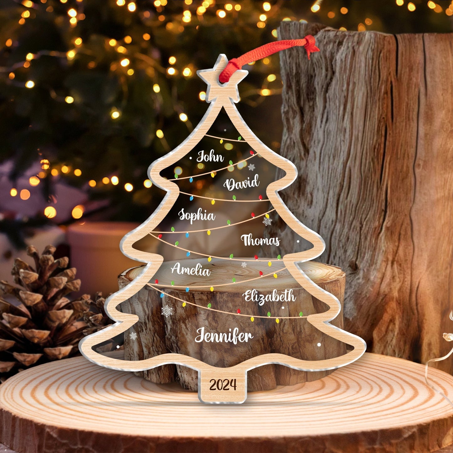 365Gifty personalized Christmas tree ornament with names and colorful lights on clear acrylic