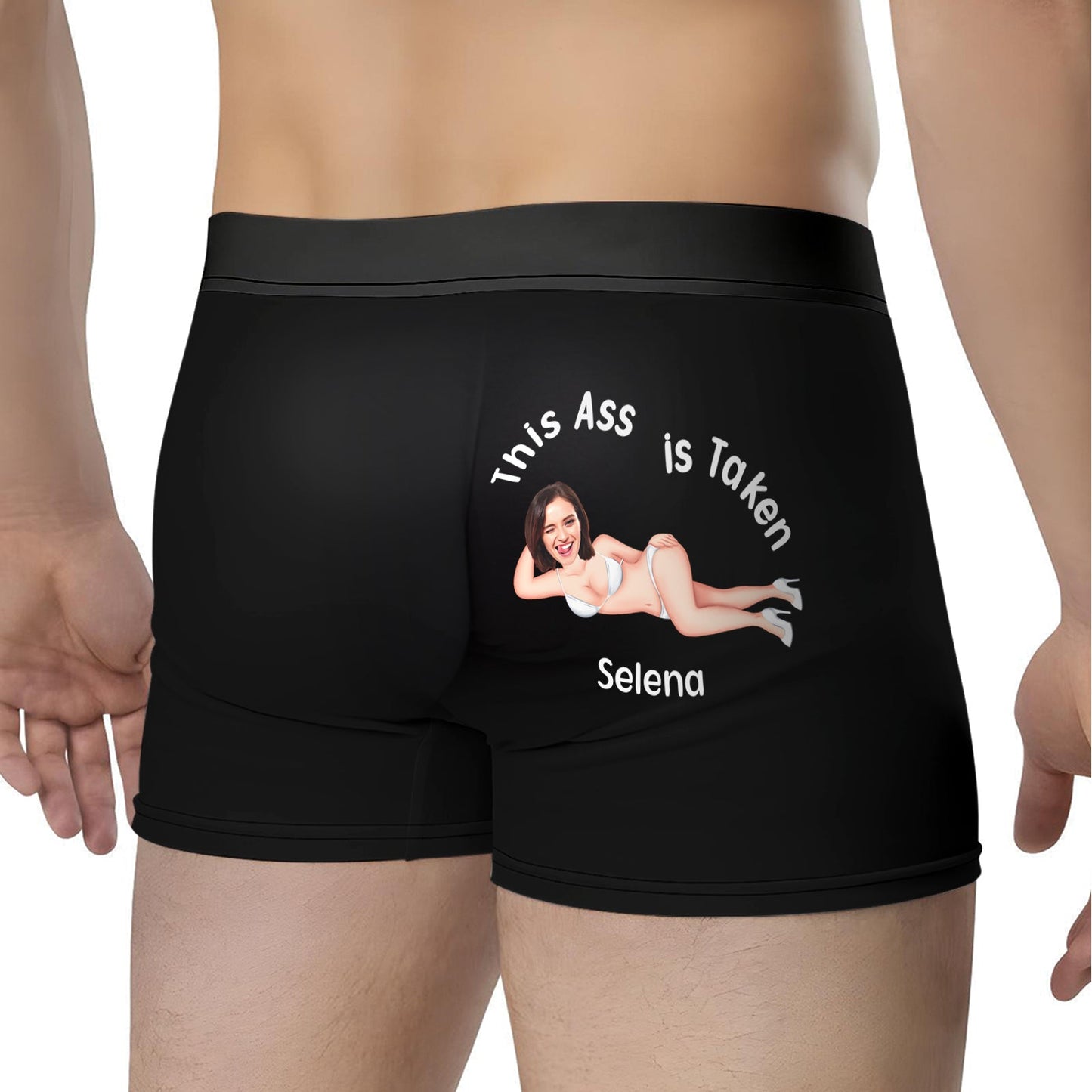 Black personalized couple boxers with custom photo and text This Ass is Taken Selena on back
