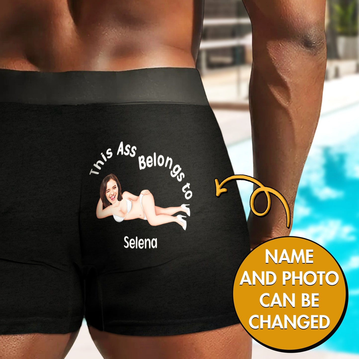 Black personalized couple boxers with custom photo and name text on the back by 365Gifty
