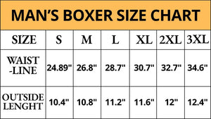 Size chart for personalized couple boxers showing waist dimensions and outside lengths for each size
