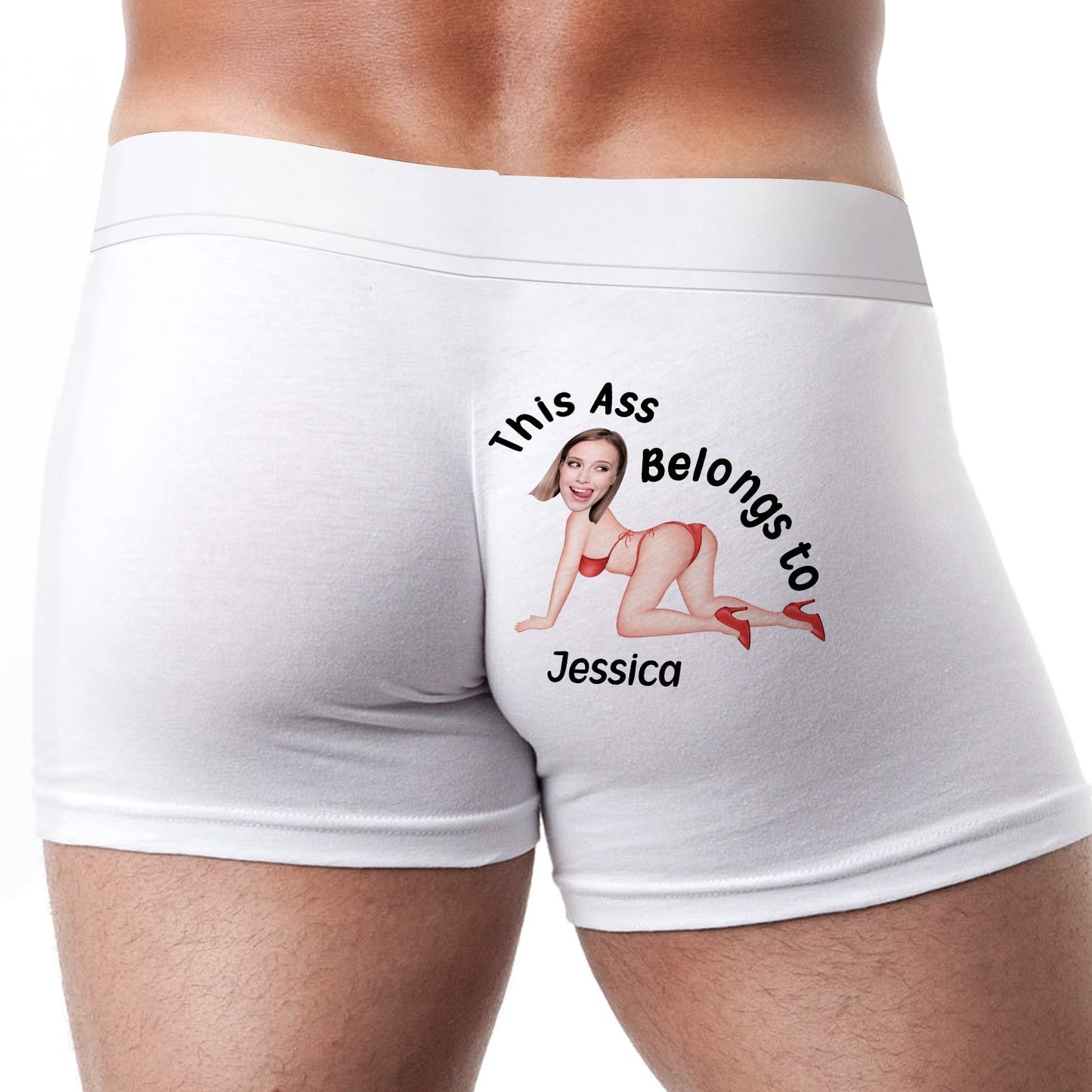 White personalized couple boxers with custom cartoon and text design on the back