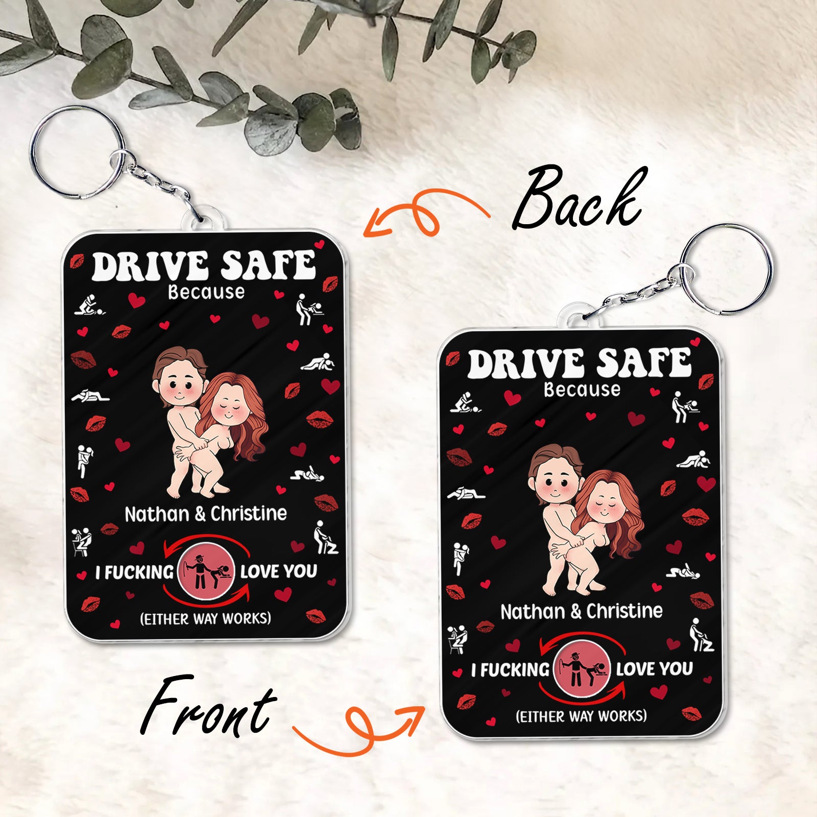 Personalized couple car hanger with custom names and romantic design saying Drive Safe with hearts and kiss marks