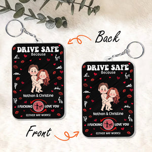Personalized couple car hanger with custom names and romantic design saying Drive Safe with hearts and kiss marks