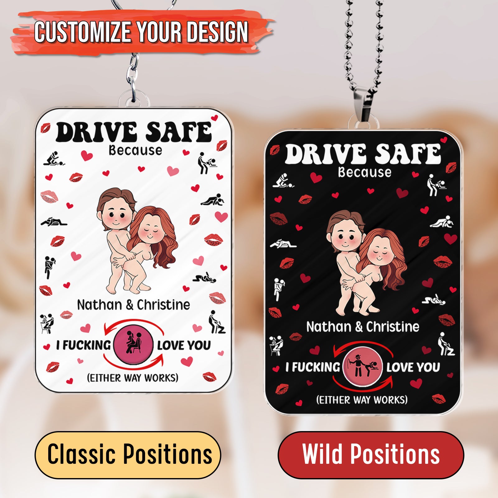 Personalized couple car hanger with customizable romantic design and drive safe message for couples