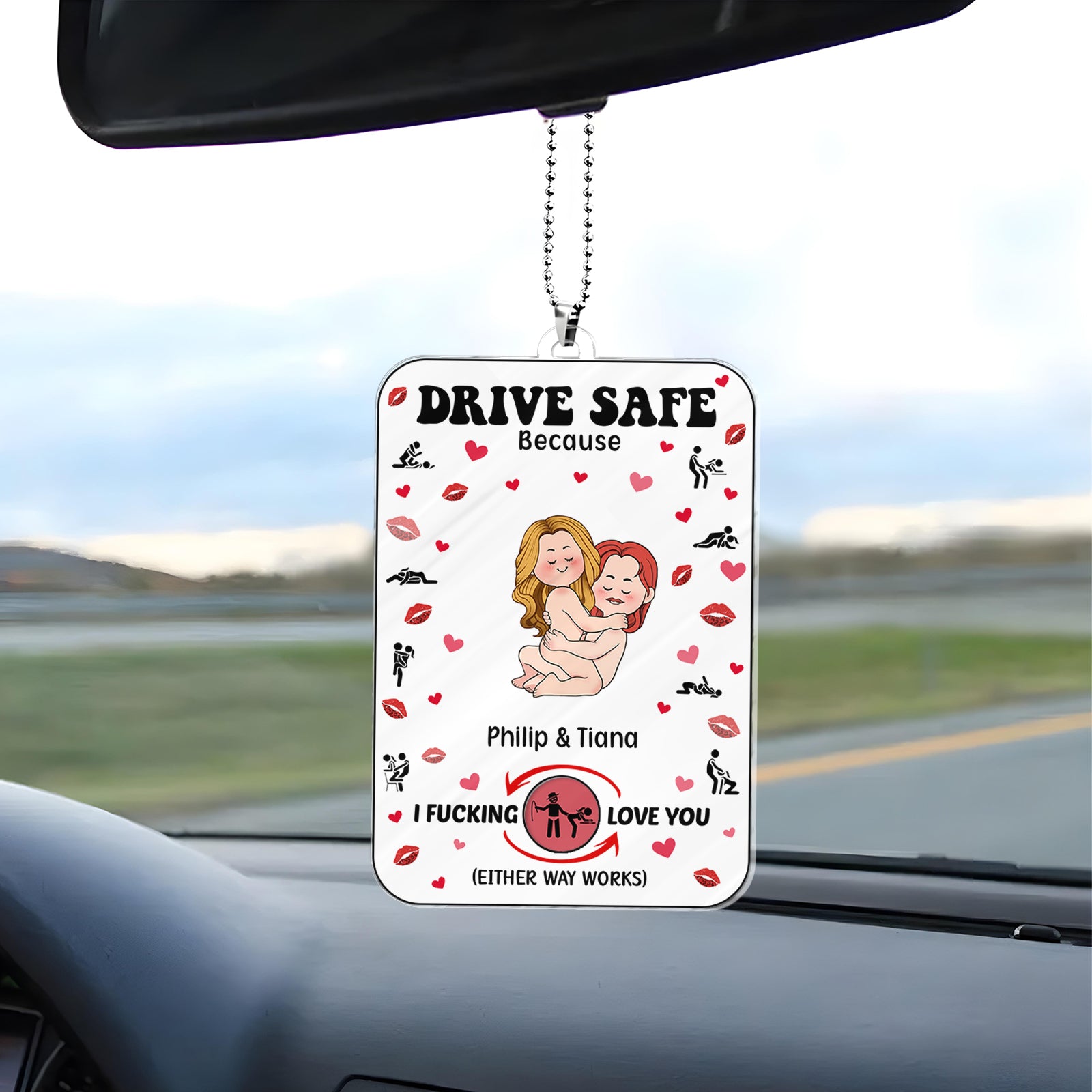 365Gifty personalized couple car hanger with humorous love message and cartoon couple design