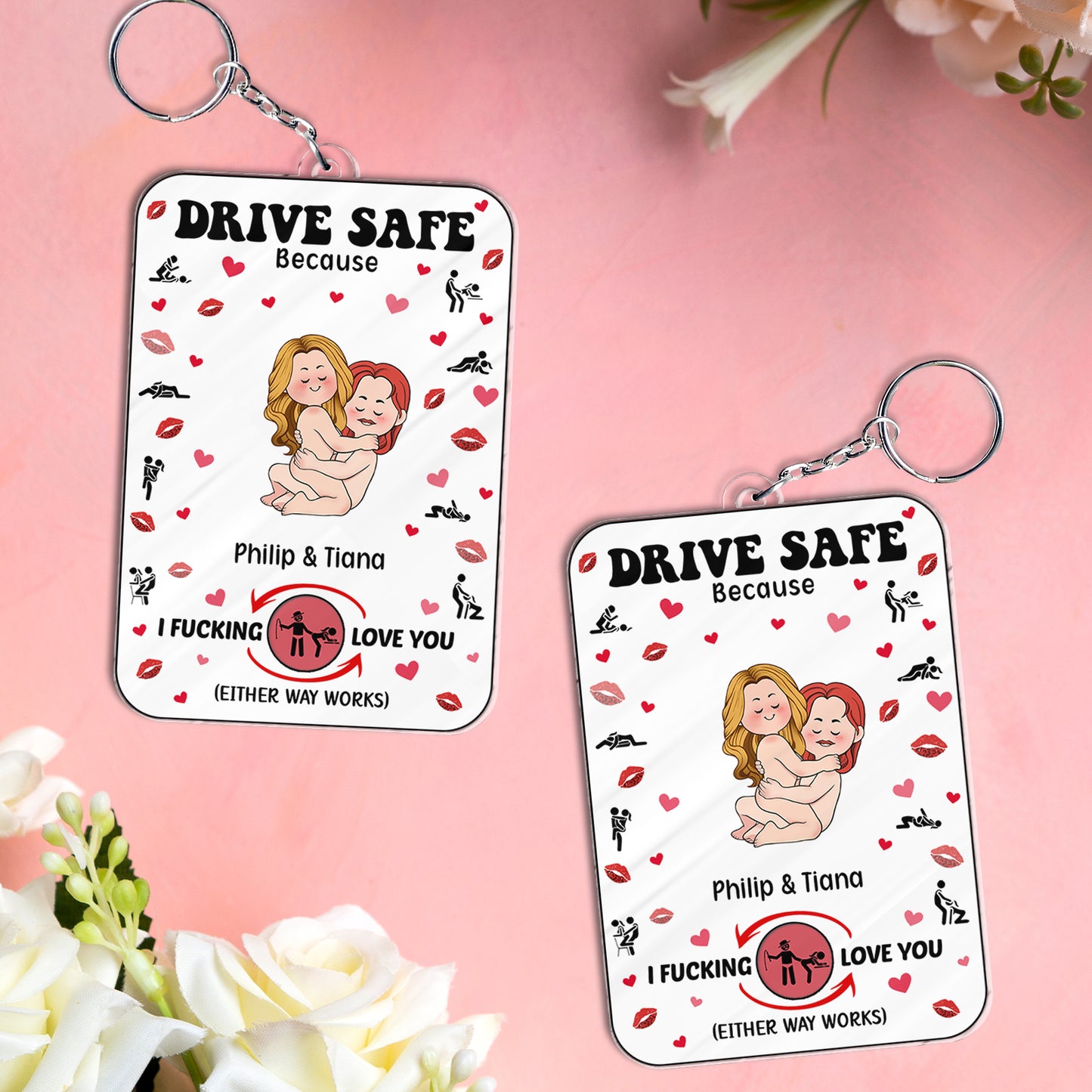 365Gifty personalized couple car hanger keychains with Drive Safe message and custom names Philip and Tiana