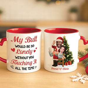 Personalized couple Christmas mug featuring playful designs and custom names for holiday gifting