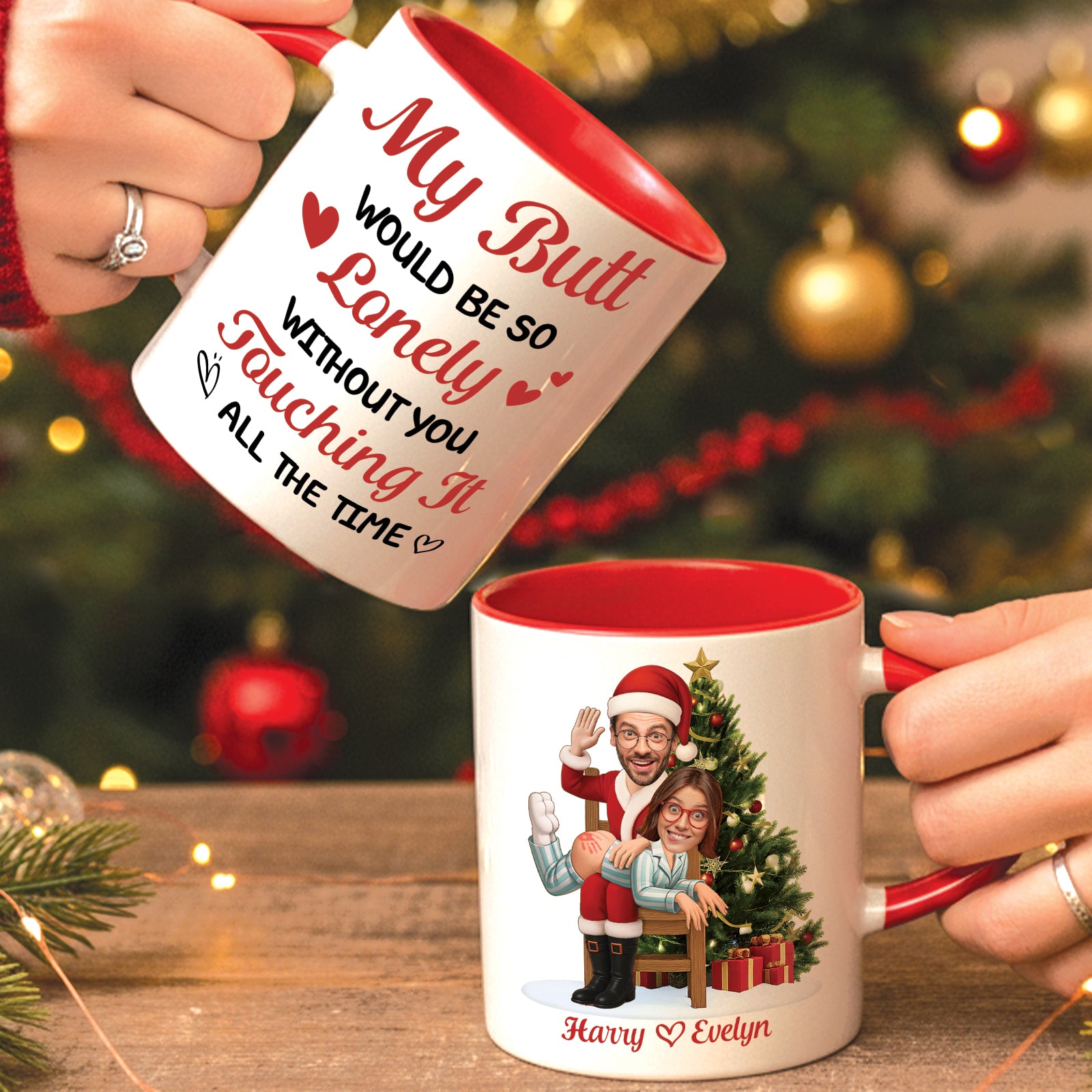 Personalized couple Christmas mug featuring a playful design with festive elements and characters