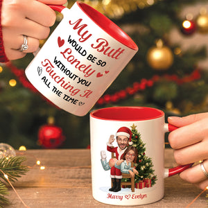 Personalized couple Christmas mug featuring a playful design with festive elements and characters