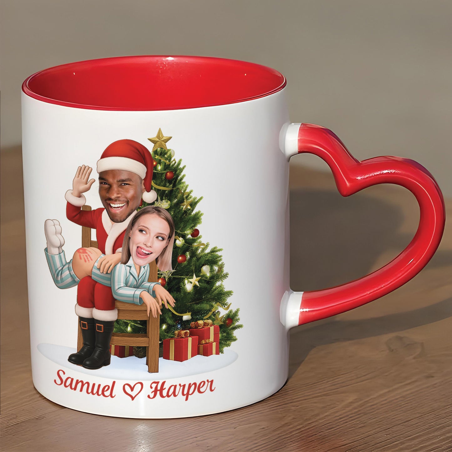 Personalized couple Christmas mug featuring custom illustrations of a couple with a festive tree