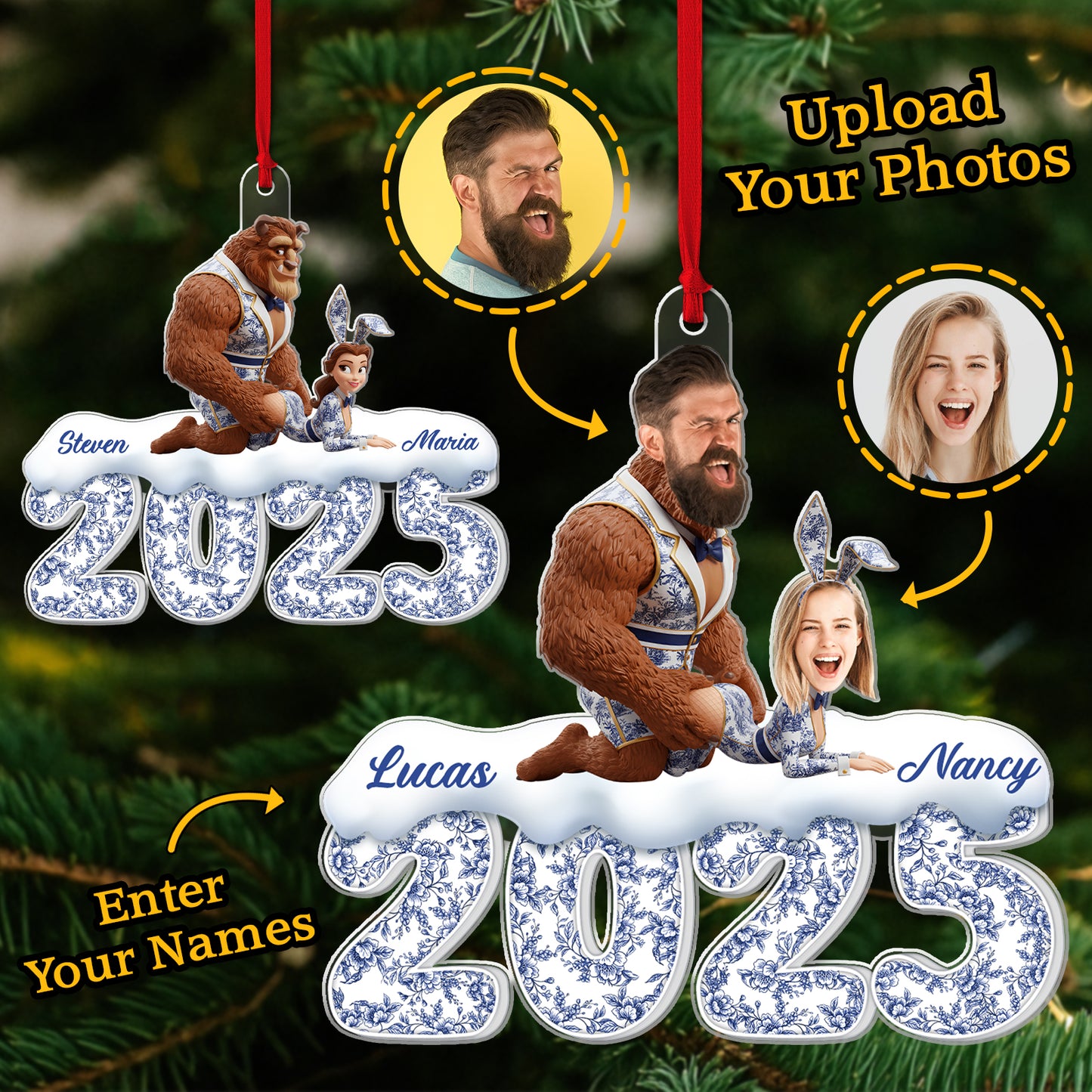 Personalized couple Christmas ornament 2025 featuring custom photos and names for festive decoration