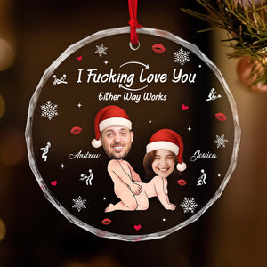 Personalized couple Christmas ornament featuring playful text and images of Andrew and Jessica in festive hats