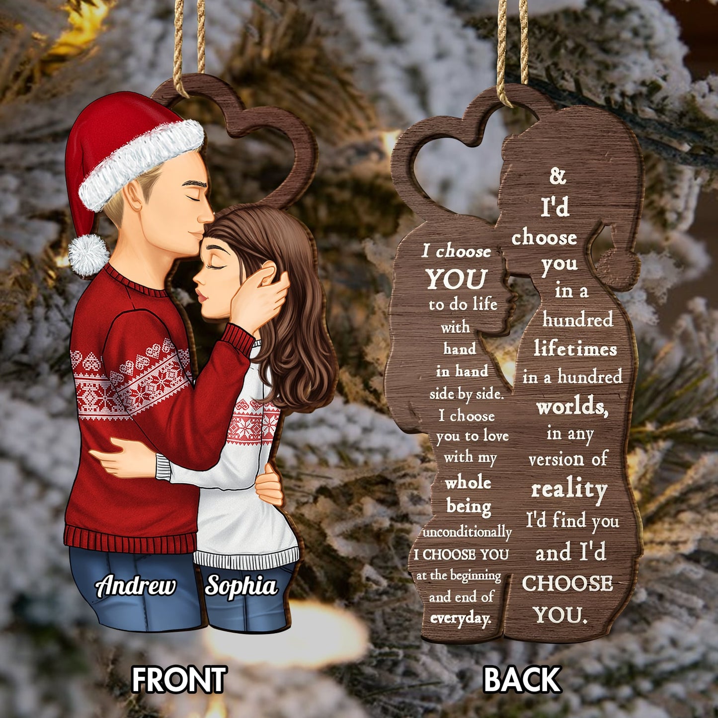 Personalized couple Christmas ornament featuring a man in a red Santa sweater and woman hugging with names Andrew and Sophia