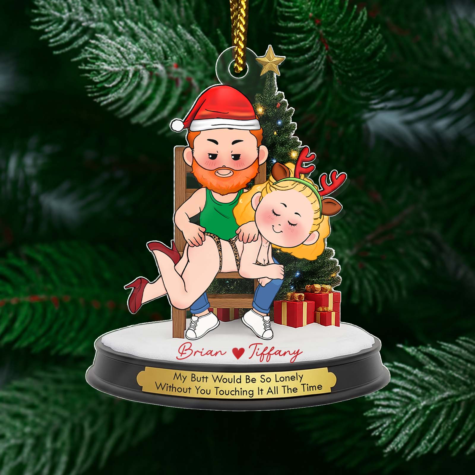 Personalized couple Christmas ornament featuring a fun design with playful holiday characters