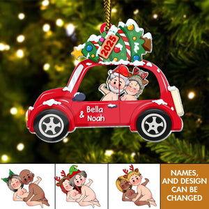 Personalized couple Christmas ornament featuring a red car with customizable names for holiday decoration