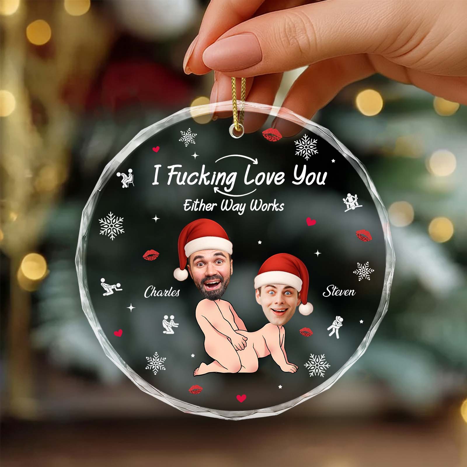 Personalized couple Christmas ornament featuring playful design and custom names for holiday decoration