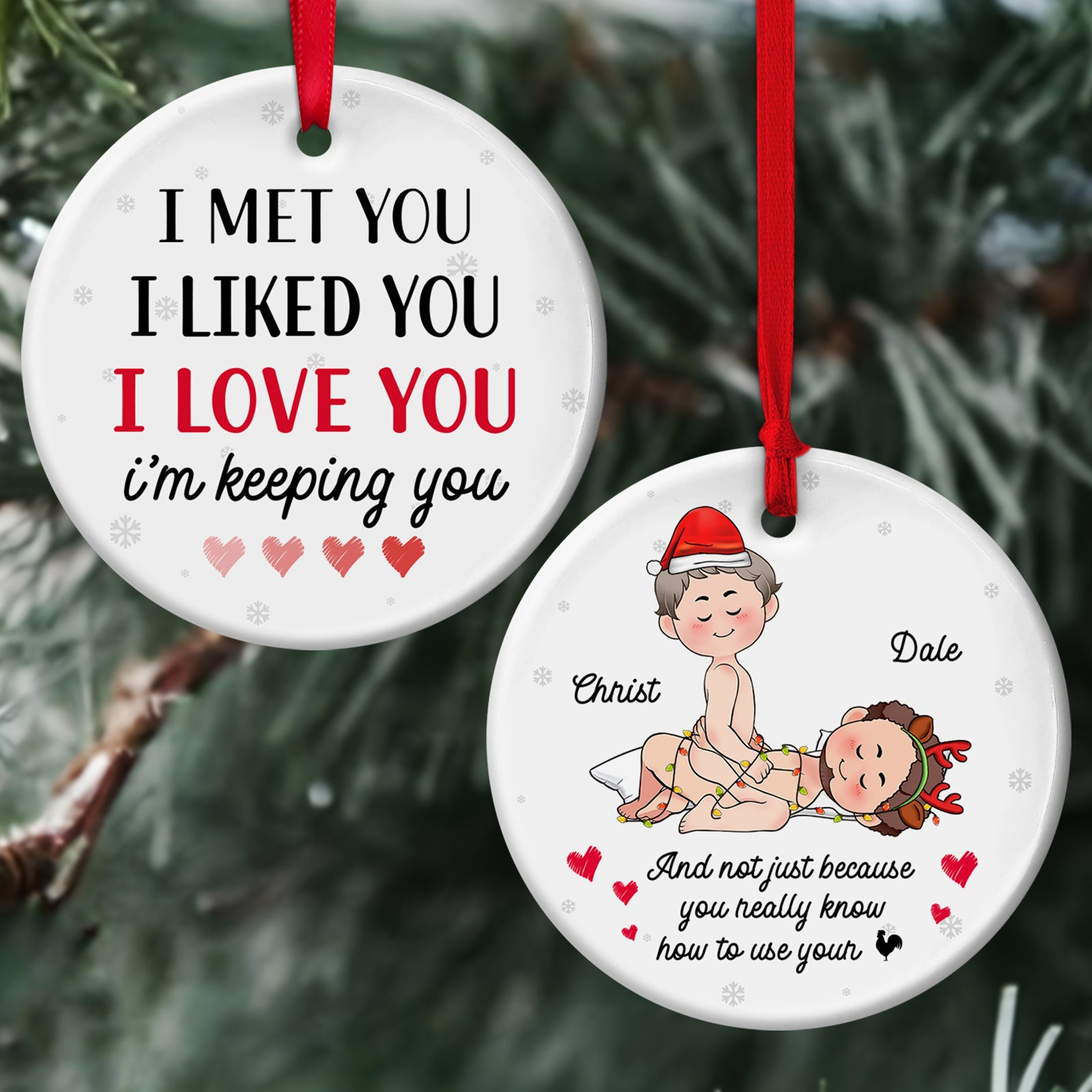 Personalized couple Christmas ornament featuring playful design with heartfelt quotes and cute characters