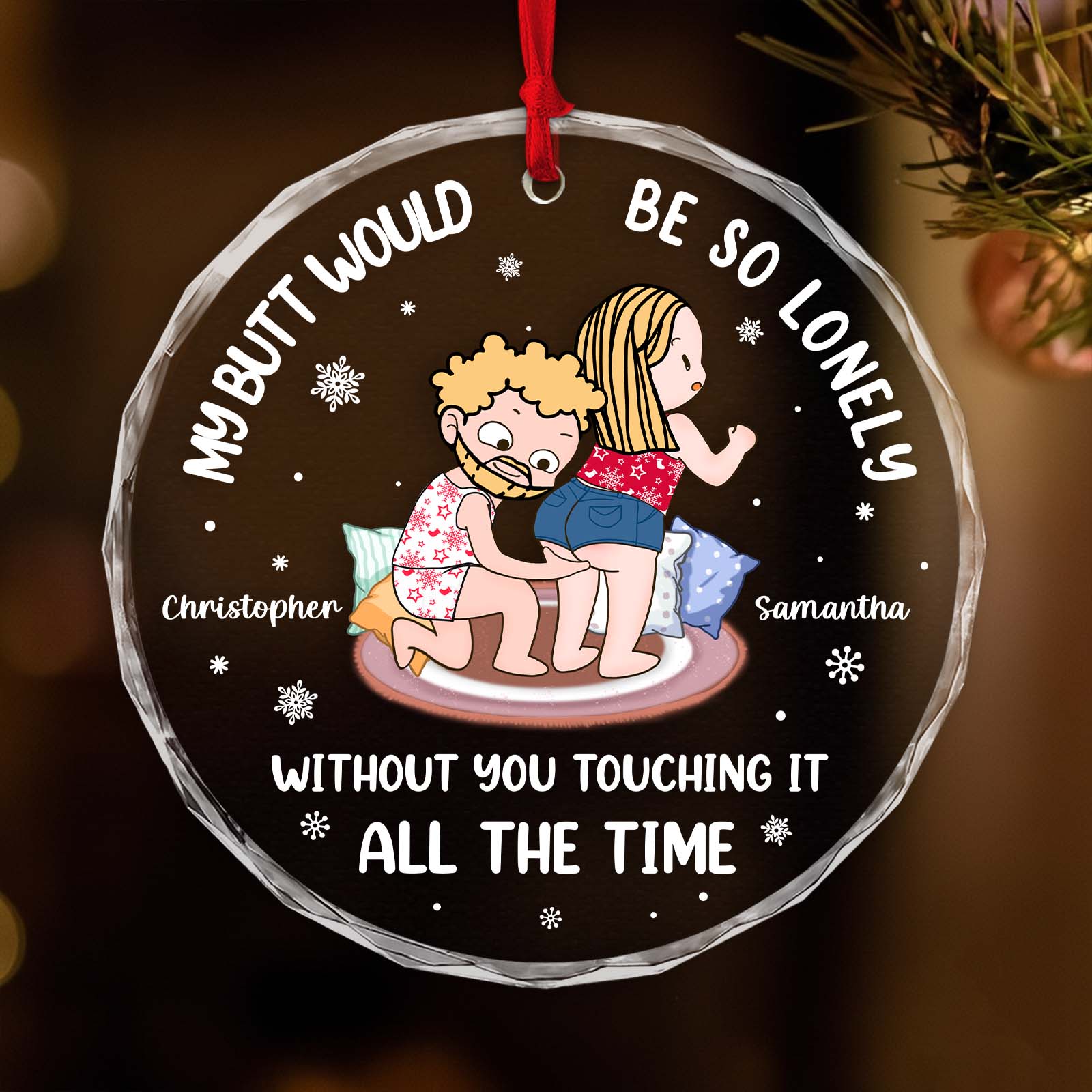 Funny personalized couple Christmas ornament featuring playful couple design with custom names