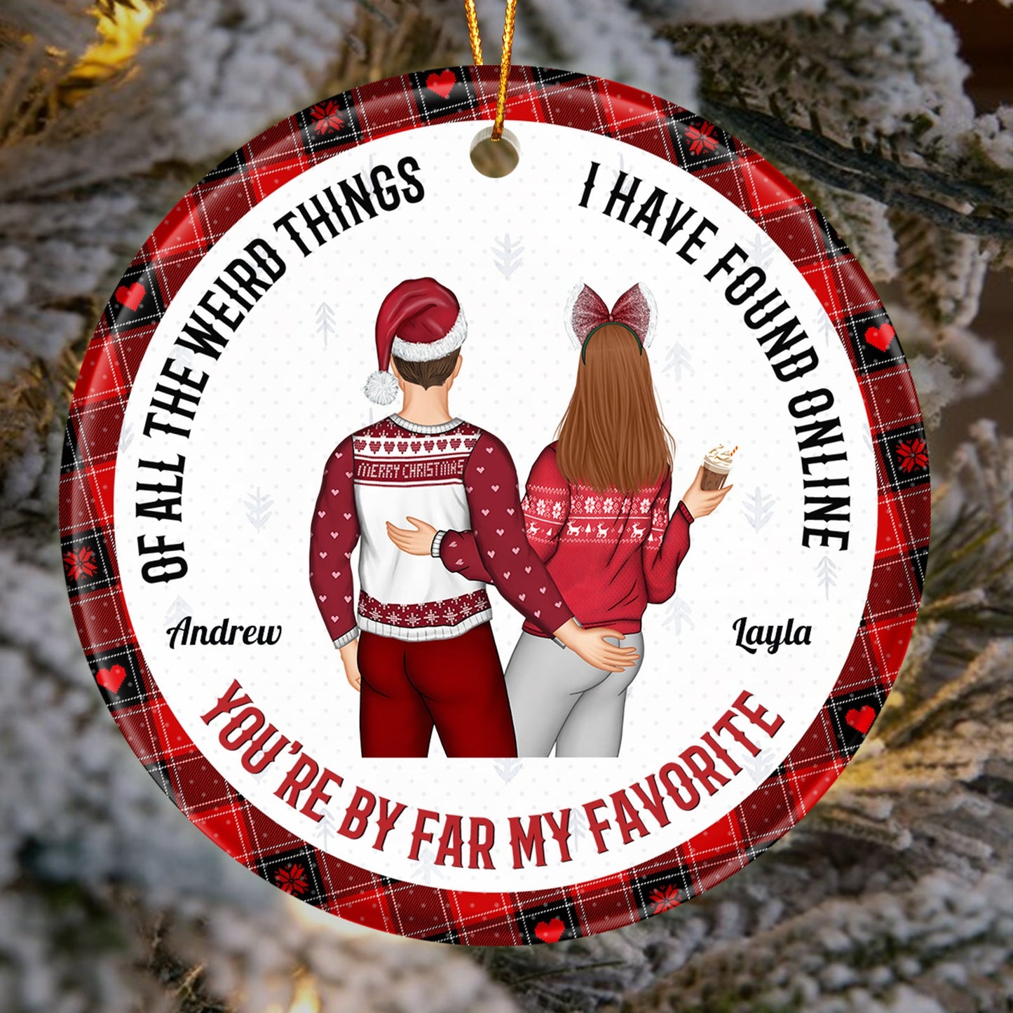 365Gifty personalized couple Christmas ornament with red plaid border and custom names Andrew and Layla