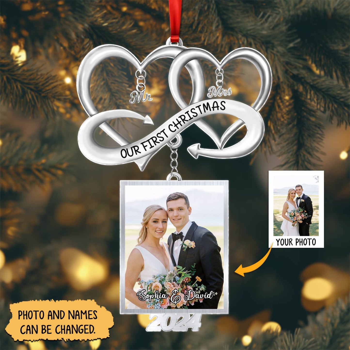 Personalized couple Christmas ornament with two silver hearts and custom photo for 2024 first Christmas