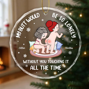 Funny personalized couple Christmas ornament featuring playful cartoon design with humorous text