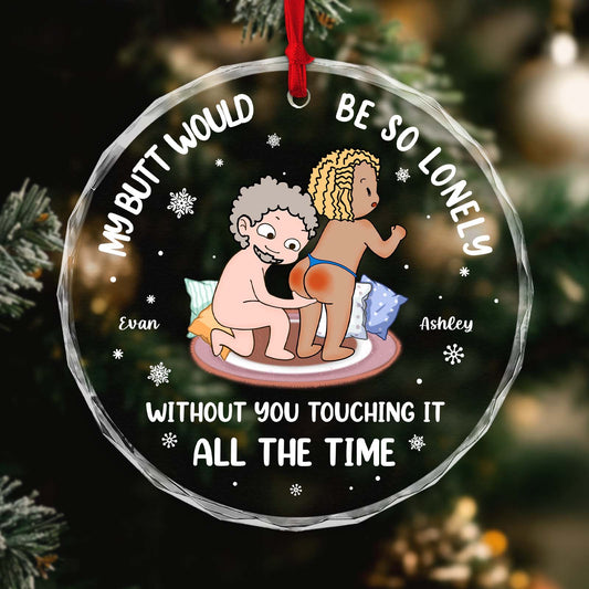 Personalized couple Christmas ornament featuring fun couple cartoon with custom names Evan and Ashley