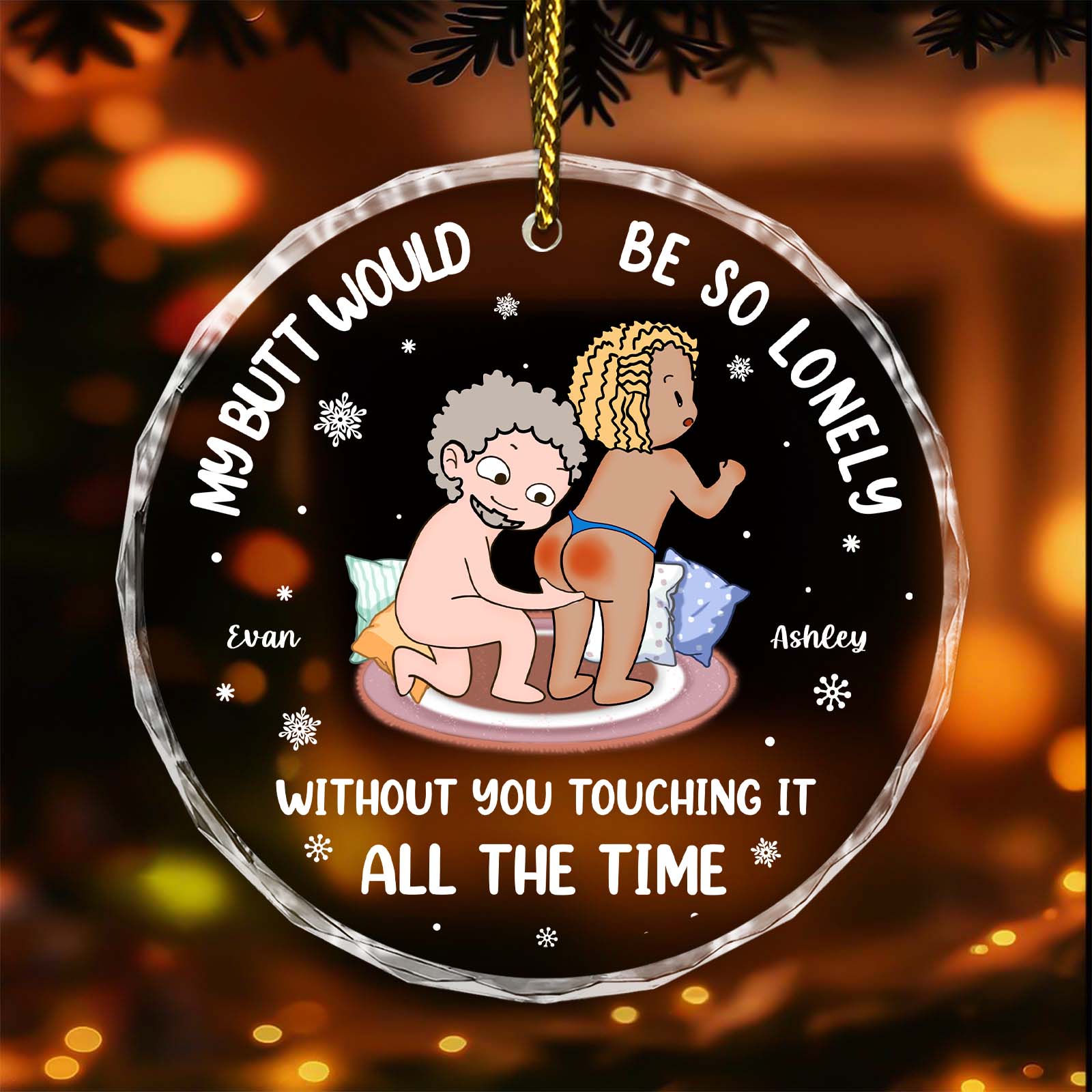 Personalized couple Christmas ornament featuring playful design and custom names Evan and Ashley
