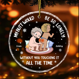 Personalized couple Christmas ornament featuring playful design and custom names Evan and Ashley