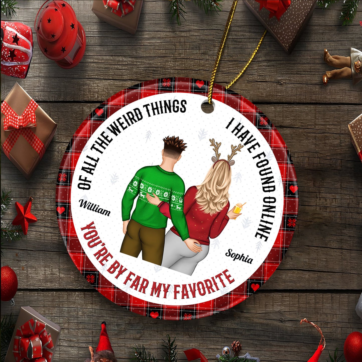 Personalized couple Christmas ornament with a festive plaid border and a custom message for William and Sophia